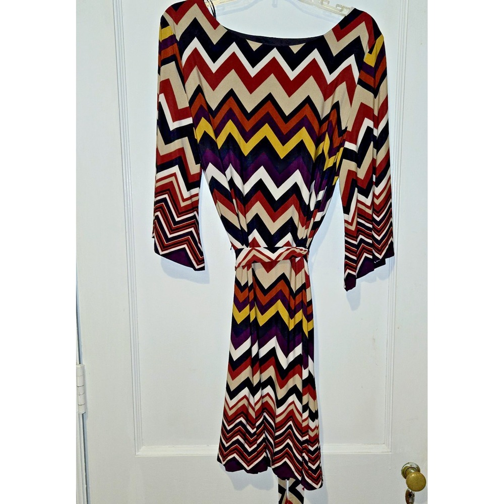 Studio‎ One Belted Zigzag Dress Great Color Combination Bell Sleeves XL
